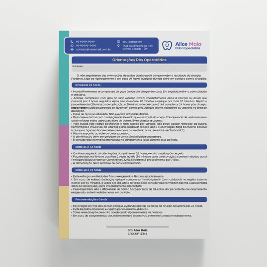 Orientações Pós Operatório Odontológico | Modelo 002