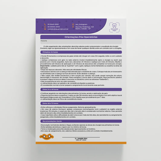 Orientações Pós Operatório Odontológico | Modelo 005